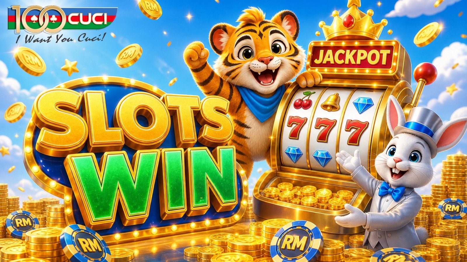 100CUCI slots play artwork with golden machine, tiger mascot, and brand logo