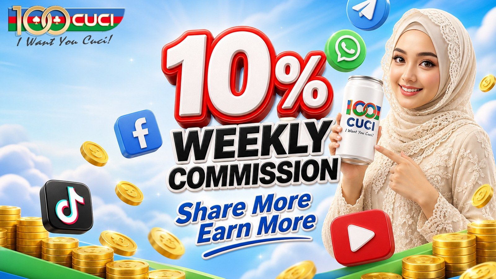 100CUCI weekly commission artwork with social icons, gold coins, and logo